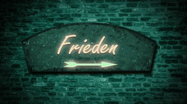 Fotoğraf, Almanca 'da barışın yerini gösteren bir işaret ve işaret gösteriyor..