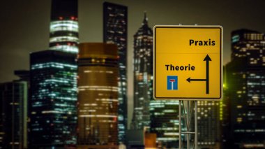 An image with a signpost pointing in two different directions in German. One direction points to practice, the other points to theory. clipart