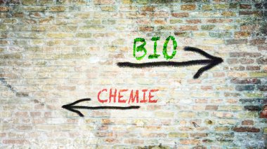 An image with a signpost pointing in two different directions in German. One direction points to Bio, the other points to Chemistry. clipart