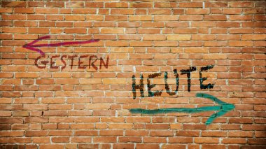 Almanca 'nın iki farklı yönünü gösteren işaret direği olan bir resim. Bir yön bugünü, diğeri de dünü gösteriyor..