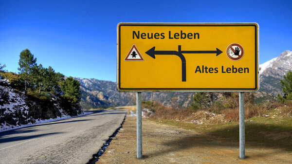 An image of a signpost in German pointing in the direction of New Life.