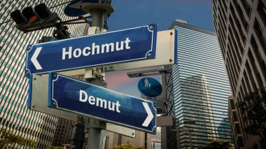 An image with a signpost pointing in two different directions in German. One direction points to humility, the other points to arrogance. clipart