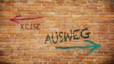 Almanca 'nın iki farklı yönünü gösteren işaret direği olan bir resim. Bir yön çıkış yolunu gösteriyor, diğeri de krizi..