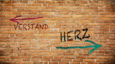 Almanca 'nın iki farklı yönünü gösteren işaret direği olan bir resim. Bir yön kalbi gösterir, diğeri zihni..