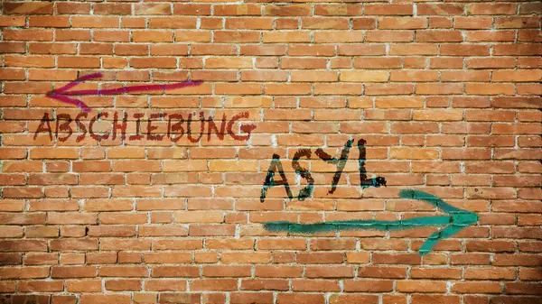 Almanca 'nın iki farklı yönünü gösteren işaret direği olan bir resim. Bir yön sığınma, diğeri sınır dışı edilmeyi işaret ediyor..