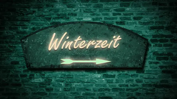 Almanca bir işaret levhası ile kışı gösteren bir resim.
