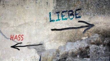 Almanca 'nın iki farklı yönünü gösteren işaret direği olan bir resim. Bir yön aşkı gösterir, diğeri nefreti..