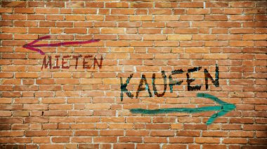 Almanca 'nın iki farklı yönünü gösteren işaret direği olan bir resim. Bir yön satın alınacak, diğeri kiralanacak..