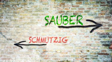 Almanca 'nın iki farklı yönünü gösteren işaret direği olan bir resim. Bir yön Clean 'i gösteriyor, diğeri Dirty' i..