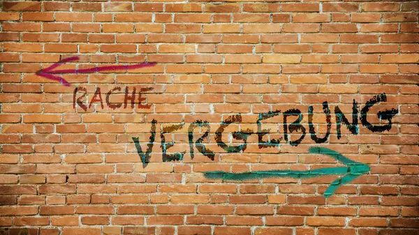 Almanca 'nın iki farklı yönünü gösteren işaret direği olan bir resim. Bir yön bağışlayıcılığı gösterir, diğeri intikamı..