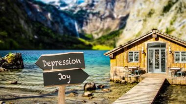 İki farklı yöne işaret eden işaret direkli bir video. Bir yön Joy 'u, diğeri depresyonu gösteriyor.