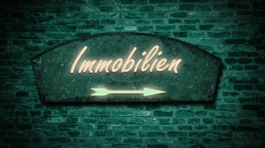Resim bir tabela ve Almanca gayrimenkul olduğunu gösteren bir tabela gösteriyor..
