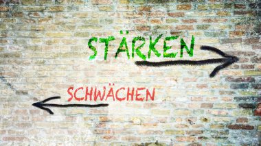 Almanca 'nın iki farklı yönünü gösteren işaret direği olan bir resim. Bir yön güçlü yönleri gösterir, diğeri zayıf yönleri..