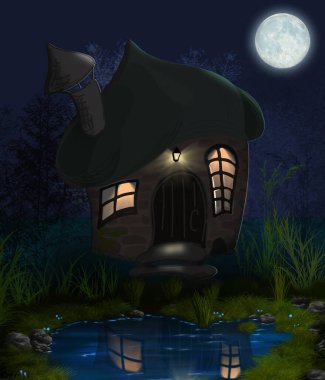 İllüzyon. Ormandaki bir orman gölünün yakınındaki peri masalı evi. Ay. Ay ışığı.