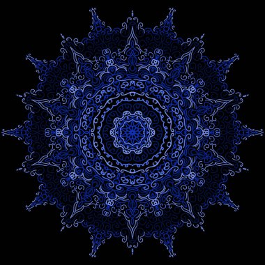 Mavi nowflake siyah arkaplanda izole edildi. Yuvarlak dekoratif çizim. Süs Mandala. Dekoratif dantel arkaplan