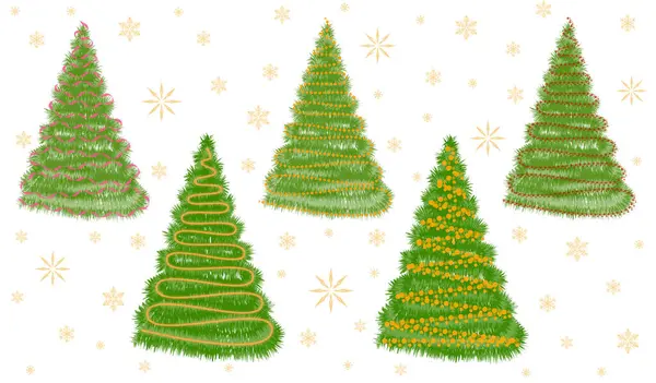 Set of cartoon christmas trees, for greeting card, invitation, banner, fabrics, wrapping paper, web. New Year and Christmas traditional symbol tree with garlands. Winter holidays. Collection of icons.