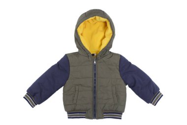 Beyaz arka planda kapüşonlu gri çocuk ceketi.