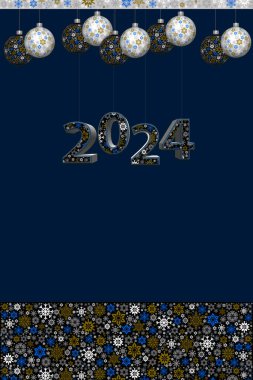 Yeni yıl ve Noel. Kopyala uzayı ile pankart. Kar taneleri. Cilt 3 boyutlu metin. Numarası 2024. Yeni Yıl ögeleri.