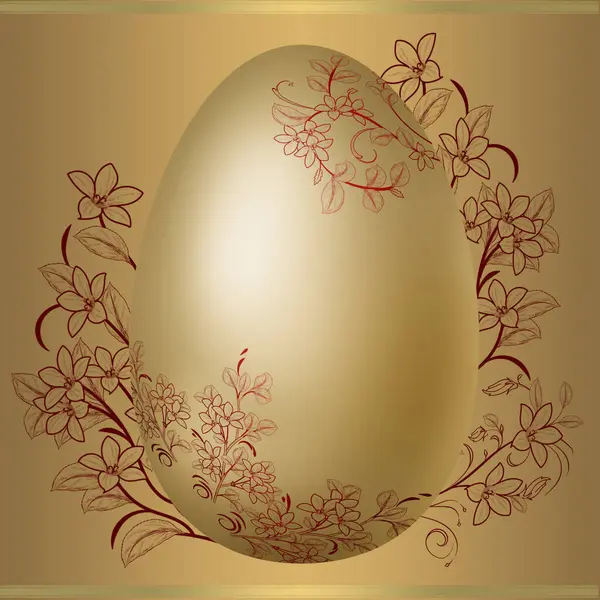 Easter illustration. Golden Easter egg. Golden Easter eggs with floral design. Gold and red.Golden background.