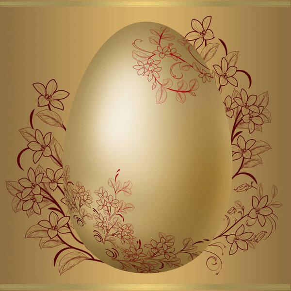 Easter illustration. Golden Easter egg. Golden Easter eggs with floral design. Gold and red.Golden background.