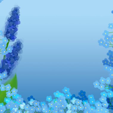 Bahar çizimi. Mavi gökyüzüne karşı unutkanlık ve sümbüller.