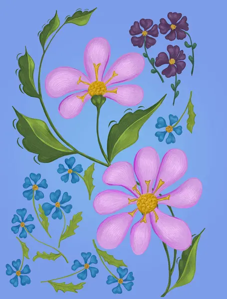 Computer illustration. Beautiful flowers on a blue background.