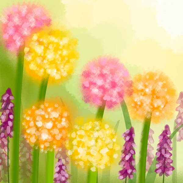 Bright computer illustration. Summer, grass, meadow flowers.