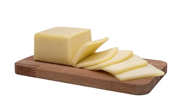 Scheiben Toastkäse Block Auf Holzplatte Isoliert Weißen Hintergrund — Stockfoto