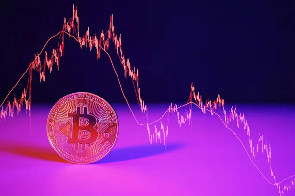 Bitcoin Mit Blauen Und Roten Lichtern Mit Roter Crash Marktvolatilität — Stockfoto