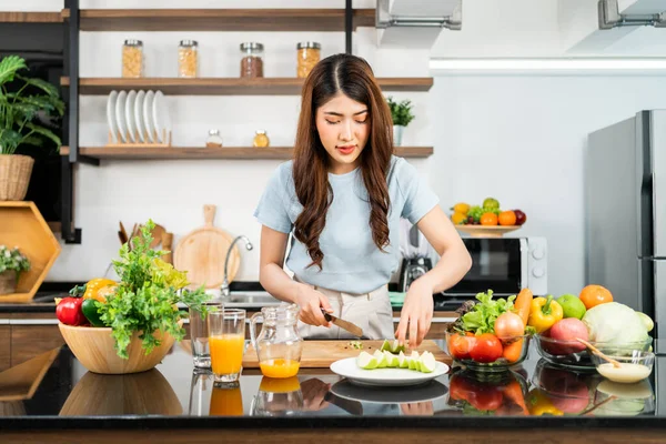 Happy Young Asian Woman Preparing Healthy Salad Fresh Vegetables Cutting — Photo
