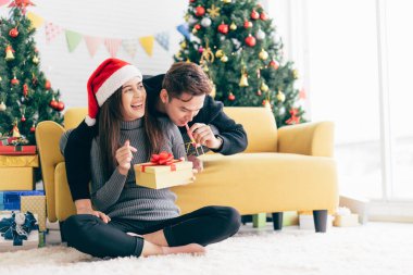 Genç mutlu bir Asyalı kız arkadaşının arkasında parti düdüğü çalıyor. Noel Baba şapkası takıyor ve elinde Noel ağacı var..