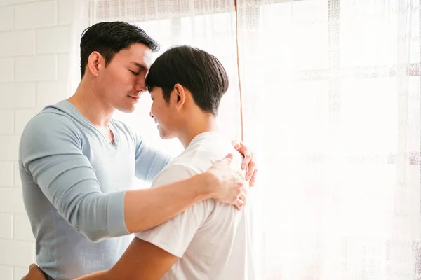 Portraits Happy Millennial Asian Gay Couple Hugging Embracing Smiling Laughing — Stok fotoğraf