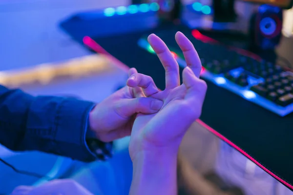 Young Asian Esports Player Man Suffering Pain Hands Fingers While — Stock Photo, Image