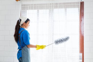 Evde çalışan Asyalı profesyonel temizlikçi kadın. Kız gri bir toz beziyle perdeyi ve pencereyi temizliyor. Profesyonel temizlik ve angarya hizmeti kavramı.