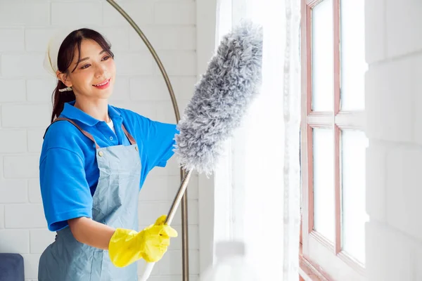 Азиатская Молодая Профессиональная Уборщица Работает Доме Девушка Моет Занавес Окно — стоковое фото