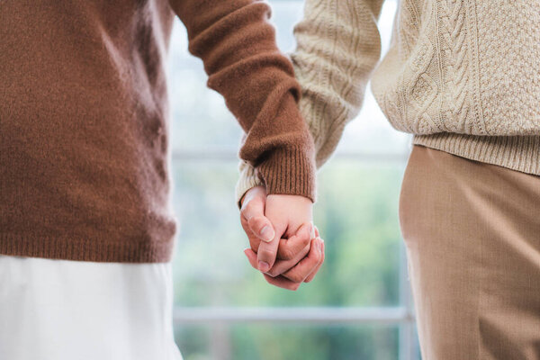Close-up shot of a couple holding hands with interlocking fingers with blurred green windows in the background. Two people wearing sweaters holding hands and standing side by side. Couple relationship