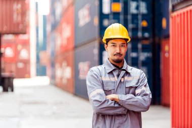 Sarı başlıklı çekici Japon sanayi mühendisi, arka planda bulanık konteynır deposu olan güvenlik yeleği. Lojistik merkezinde çalışıyorum. Müfettiş, konteyner terminalinde denetleyici..