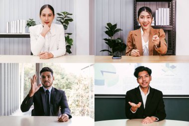 Asian businessman group webcam laptop screen view many faces of diverse people involved videoconference on-line. Businesswoman leader, team using video call app work solve common issues concept. clipart