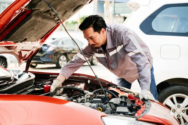 Diversity mechanic teamwork, a Japanese engineer wearing blue uniforms. A man inspects problems of the car engine inside opened car hood. Automobile repairing service. Vehicle maintenance. Labor work