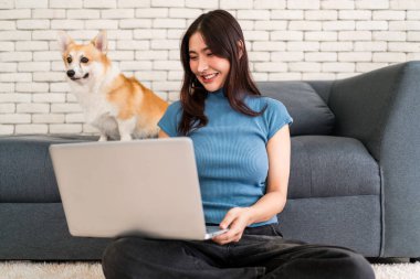 Genç Asyalı kadın evde dizüstü bilgisayar kullanırken gülümsüyor, gri bir kanepenin önünde yerde oturuyor. Arkadaki kanepede bir corgi köpeği duruyor. Evcil bir hayvanla rahat bir çalışma alanı.