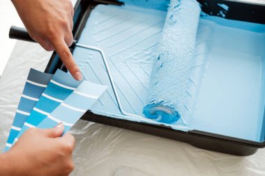 Ev tadilatı sırasında mavi boya örneğiyle dolu bir tekerleği boya tepsisinde karşılaştıran bir kadının yakın çekimi. DIY, ev geliştirme ve renk seçimi içeriği için ideal.