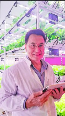 Modern hidroponik çiftliğinde laboratuvar önlüklü bir bilim adamı tablet tutuyor. LED ışıklar ve dikey tarım teknolojisi yapraklı yeşil büyümeyi optimize ediyor, yeniliğin gıda üretimini ve sürdürülebilirliği nasıl değiştirdiğini gösteriyor..