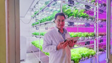 Bilimadamı, LED ışıkları altında hidrofonik yapraklı yeşilliklerle çevrili dikey bir tarım laboratuvarında tablet kullanırken gülümsüyor, tarım ve sürdürülebilir gıda teknolojisindeki yeniliği sembolize ediyor.