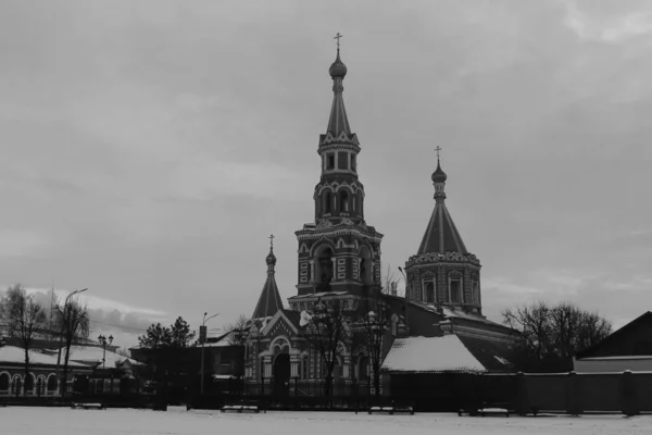 Fekete Fehér Fénykép Templom Télen — Stock Fotó