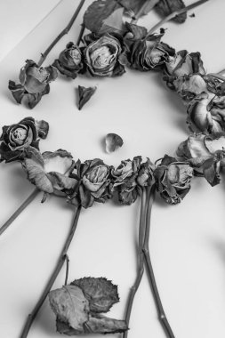 Açık pembe ve turuncu renkli solmuş güller, kurumuş yapraklar ve uzun yeşil saplar. Çembere dağılmış birkaç taç yaprağı kompozisyona sofistike ve sanatsal bir görünüm kazandırır..