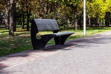 Modern, şık, siyah bir bank güneşli bir parktaki tuğladan döşenmiş bir yolda boş duruyor. Sahne, sonbaharın başındaki sükuneti ve huzurlu bir dinlenme alanını yansıtıyor..