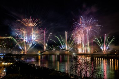 Sırbistan 'ın Sava nehri kıyısındaki Belgrad Rıhtımı üzerinde Güzel Yeni Yıl havai fişekleri.