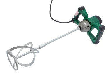 El bilgisayarı elektrikli beton karıştırıcı beyaz arkaplanda izole edildi.