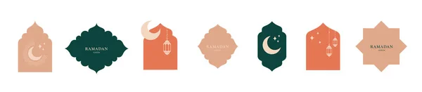 現代的なスタイルのラマダーンムバラクとEid Fitrのコレクション ミニマルなブーホーデザイン モスクのドームとランタンとグリーティングカード ベクターイラスト — ストックベクタ