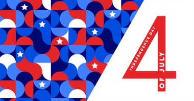 Bağımsızlık Günü için Amerikan bayrağı tasarımı. 4 Temmuz. ABD 'nin ulusal günü için kırmızı ve mavi renkte soyut geometrik pankart. ABD bayrağı temalı arka plan. promosyon ve reklam web afişi